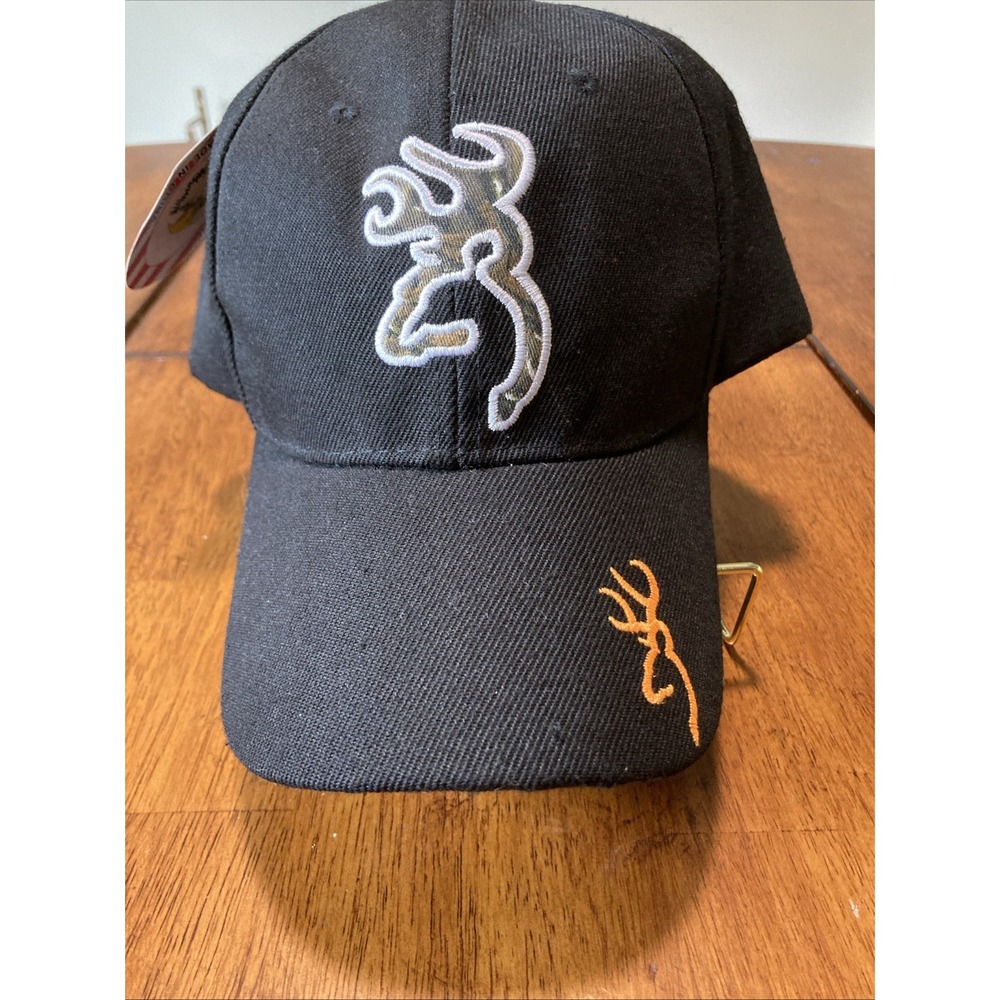 Mens Adjustable Baseball Cap Black with Camo Deer Emblem Hunting Hat XY-1211